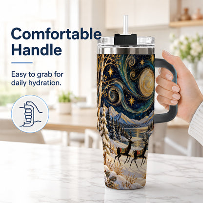 #pl[40oz|Black] Winter Deer Lake 40oz Tumbler, Starry Night Stainless Steel Travel Cup