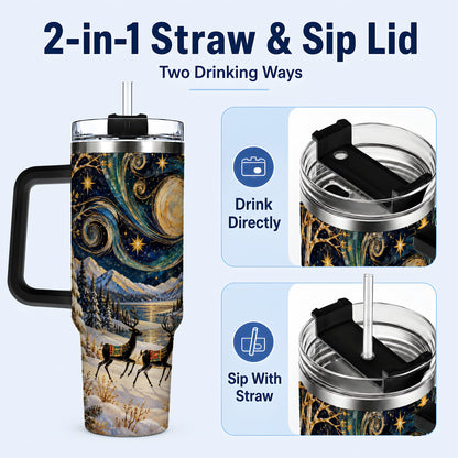 #pl[40oz|Black] Winter Deer Lake 40oz Tumbler, Starry Night Stainless Steel Travel Cup