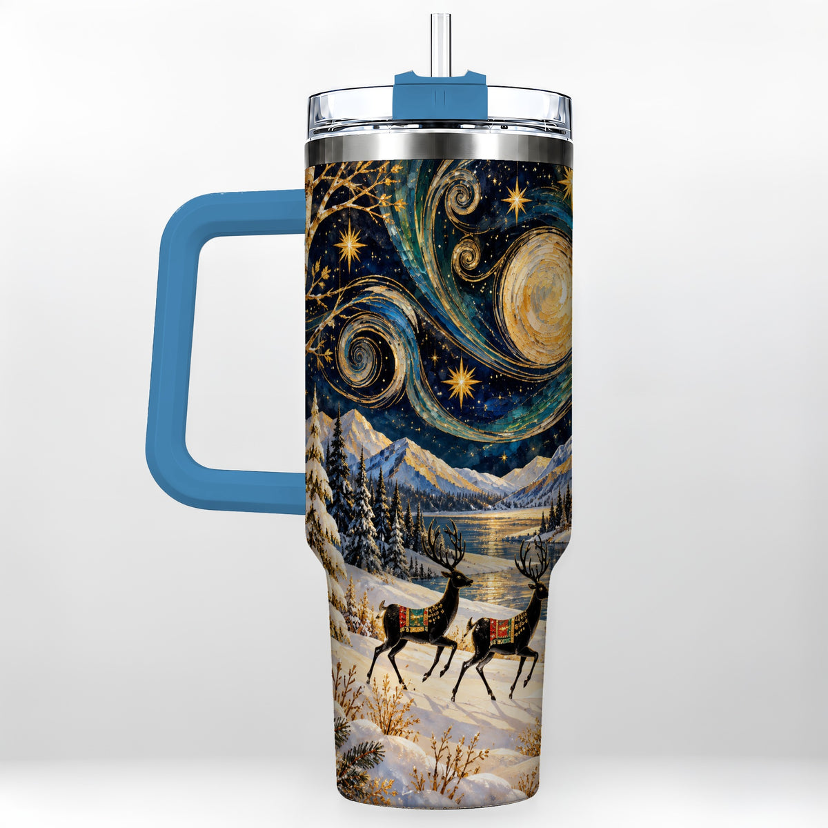#pl[40oz|Blue] Winter Deer Lake 40oz Tumbler, Starry Night Stainless Steel Travel Cup