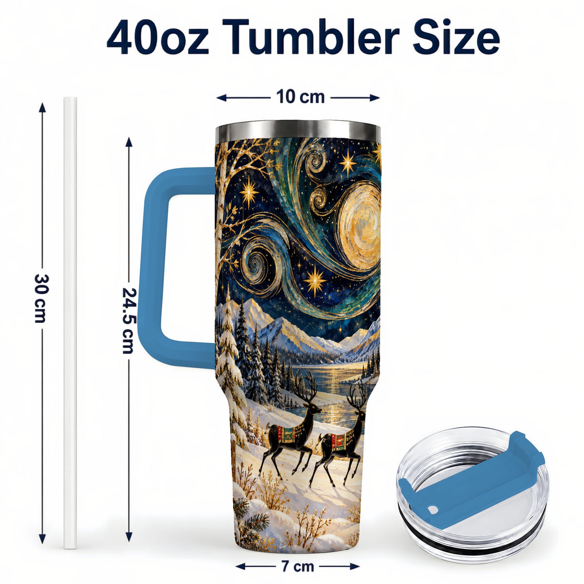 #pl[40oz|Blue] Winter Deer Lake 40oz Tumbler, Starry Night Stainless Steel Travel Cup