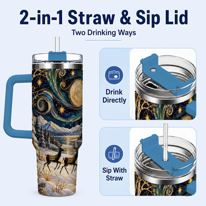 #pl[40oz|Blue] Winter Deer Lake 40oz Tumbler, Starry Night Stainless Steel Travel Cup