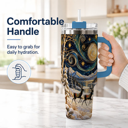 #pl[40oz|Blue] Winter Deer Lake 40oz Tumbler, Starry Night Stainless Steel Travel Cup