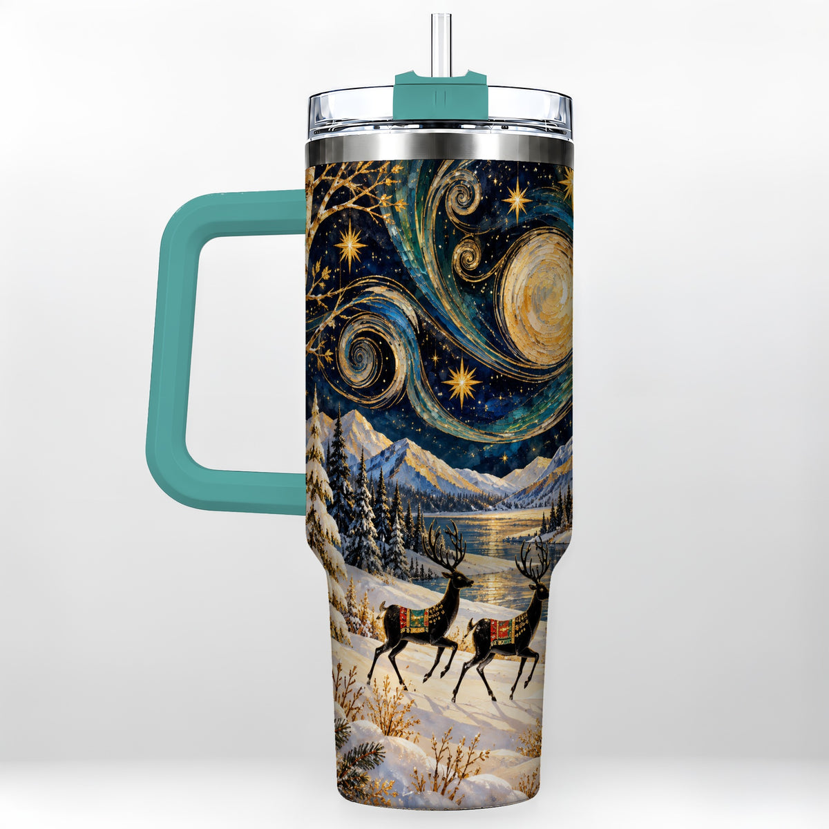 #pl[40oz|Green] Winter Deer Lake 40oz Tumbler, Starry Night Stainless Steel Travel Cup