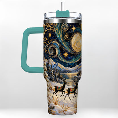 #pl[40oz|Green] Winter Deer Lake 40oz Tumbler, Starry Night Stainless Steel Travel Cup