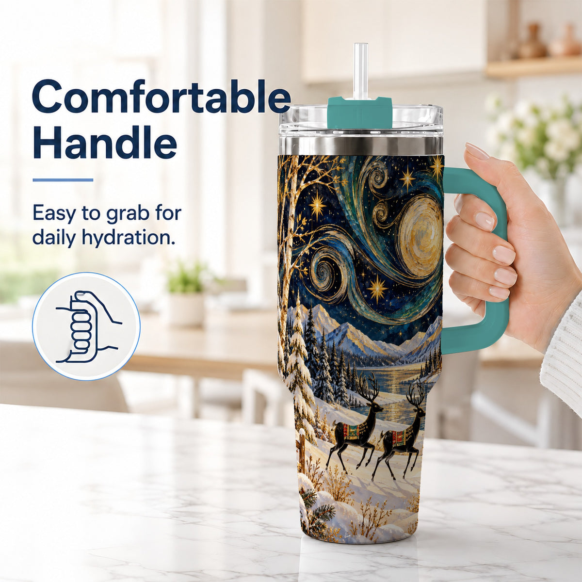 #pl[40oz|Green] Winter Deer Lake 40oz Tumbler, Starry Night Stainless Steel Travel Cup