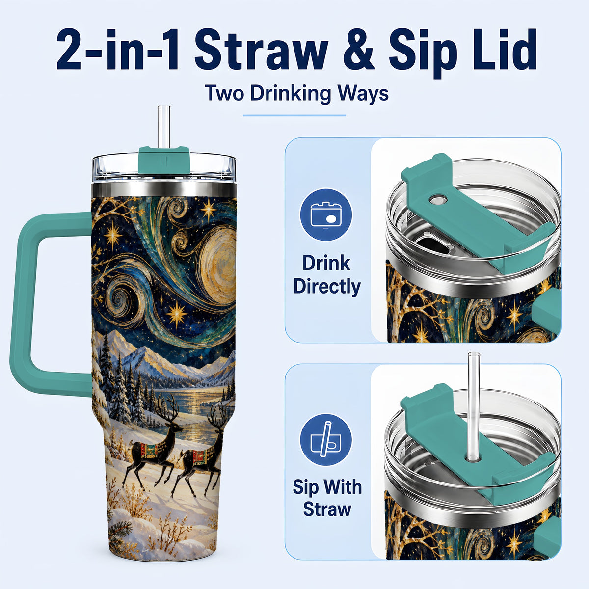 #pl[40oz|Green] Winter Deer Lake 40oz Tumbler, Starry Night Stainless Steel Travel Cup