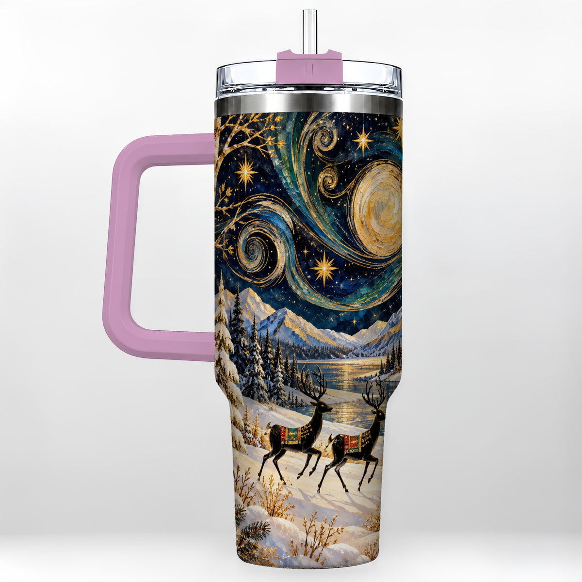#pl[40oz|Pink] Winter Deer Lake 40oz Tumbler, Starry Night Stainless Steel Travel Cup