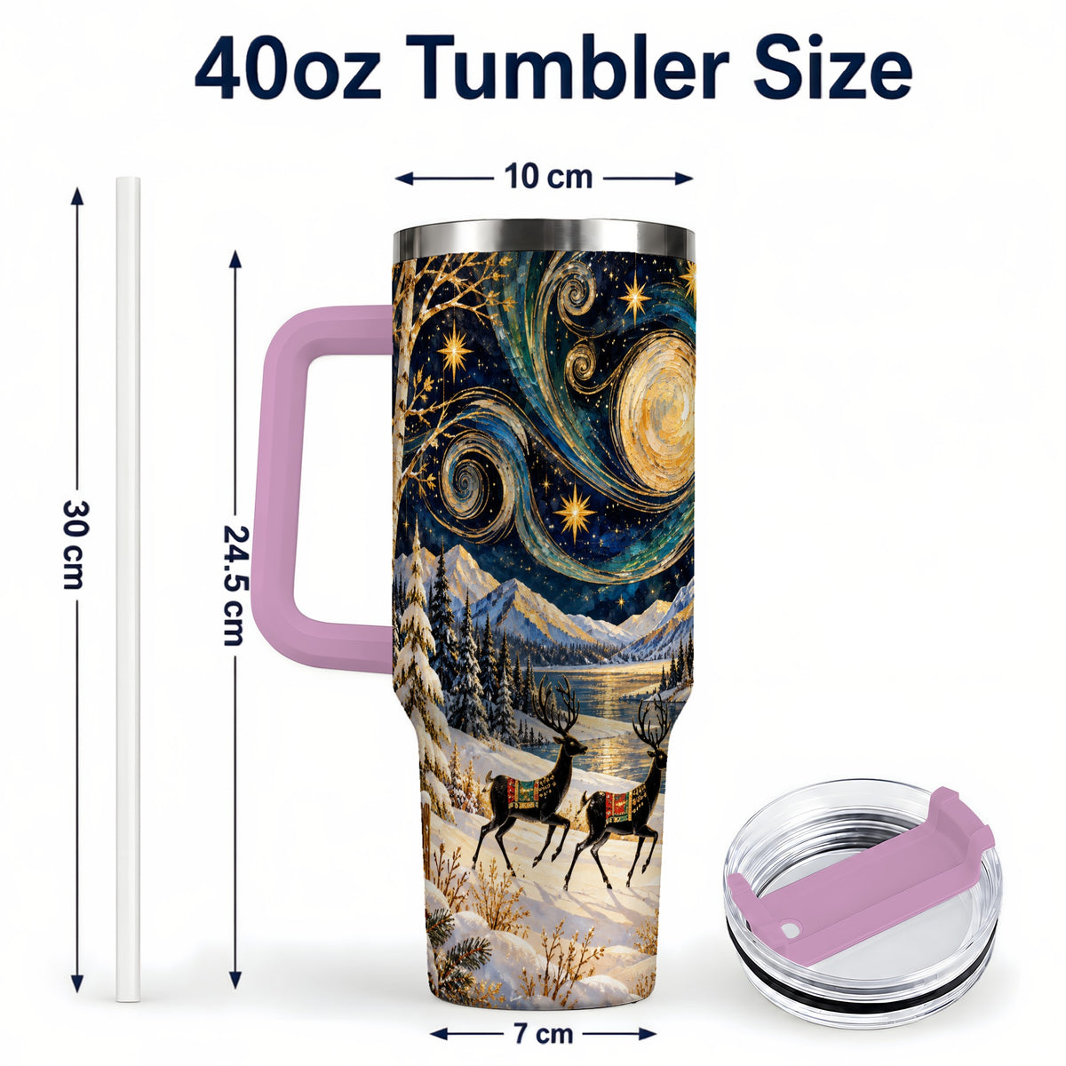 #pl[40oz|Pink] Winter Deer Lake 40oz Tumbler, Starry Night Stainless Steel Travel Cup