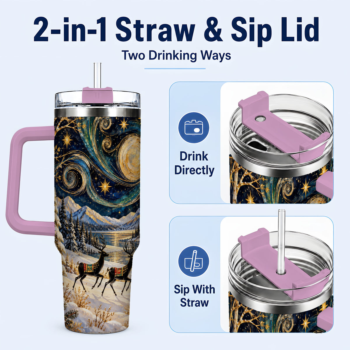 #pl[40oz|Pink] Winter Deer Lake 40oz Tumbler, Starry Night Stainless Steel Travel Cup