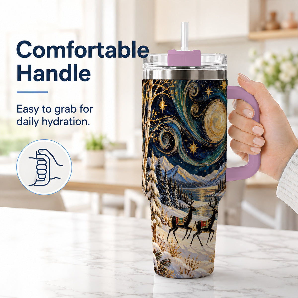 #pl[40oz|Pink] Winter Deer Lake 40oz Tumbler, Starry Night Stainless Steel Travel Cup
