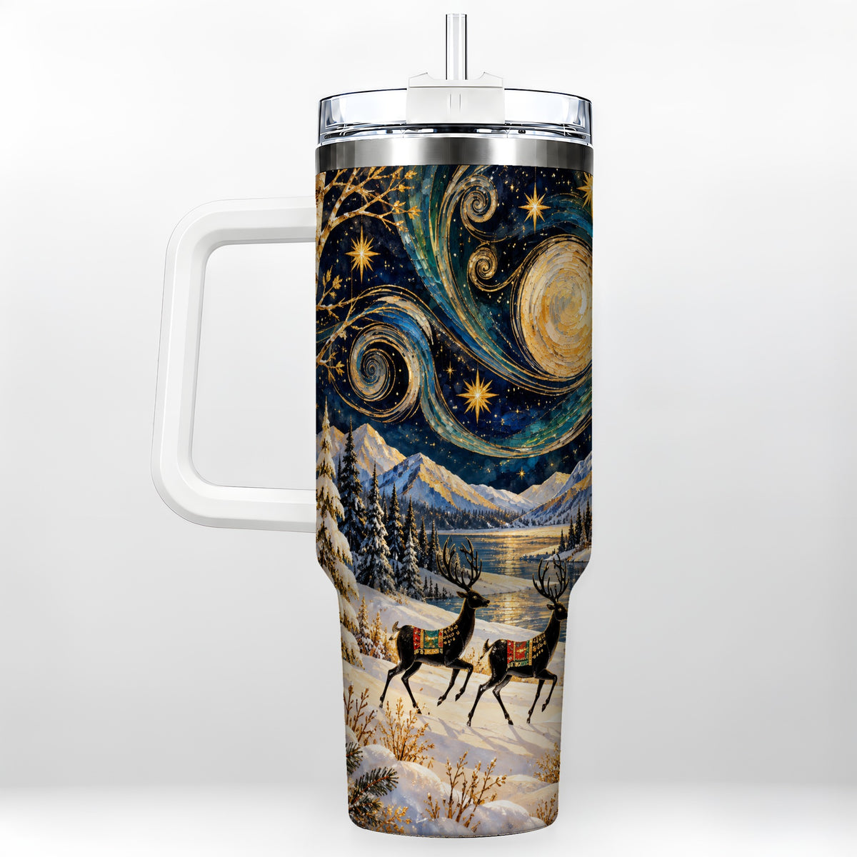 Winter Deer Lake 40oz Tumbler, Starry Night Stainless Steel Travel Cup