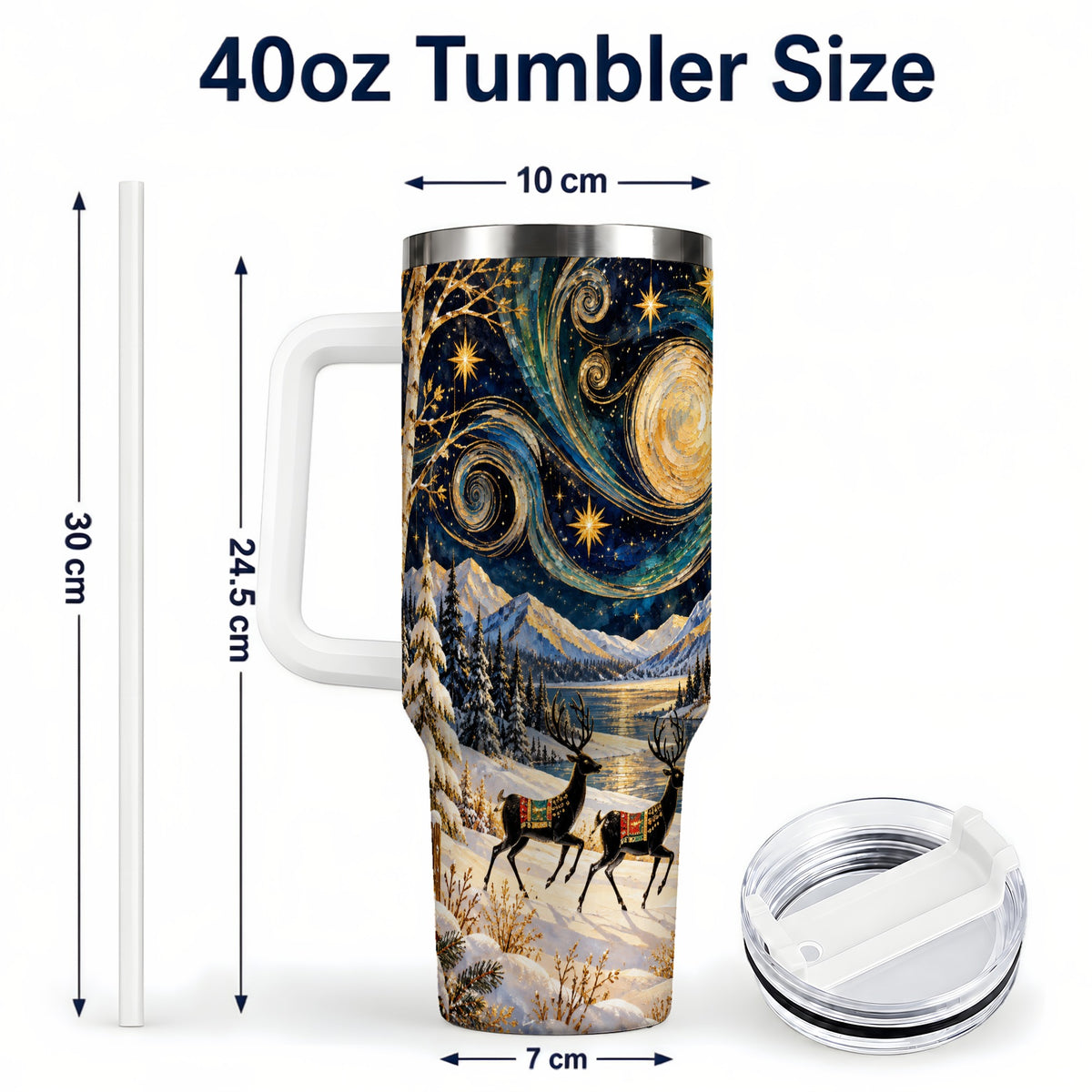 #pl[40oz|White] Winter Deer Lake 40oz Tumbler, Starry Night Stainless Steel Travel Cup