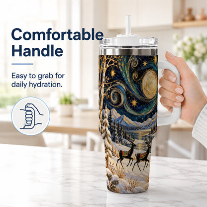 #pl[40oz|White] Winter Deer Lake 40oz Tumbler, Starry Night Stainless Steel Travel Cup
