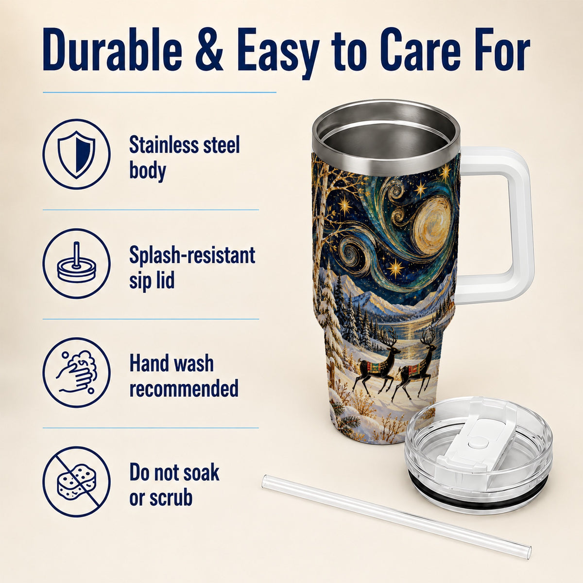 Winter Deer Lake 40oz Tumbler, Starry Night Stainless Steel Travel Cup
