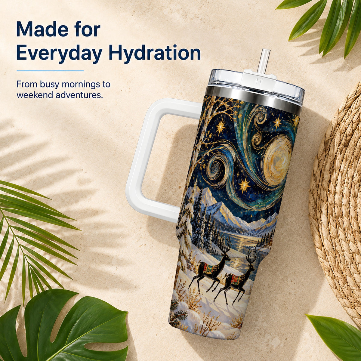 Winter Deer Lake 40oz Tumbler, Starry Night Stainless Steel Travel Cup