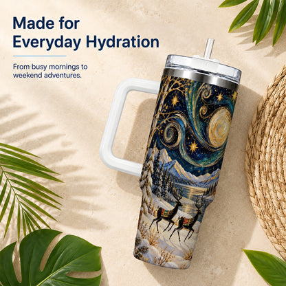 Winter Deer Lake 40oz Tumbler, Starry Night Stainless Steel Travel Cup