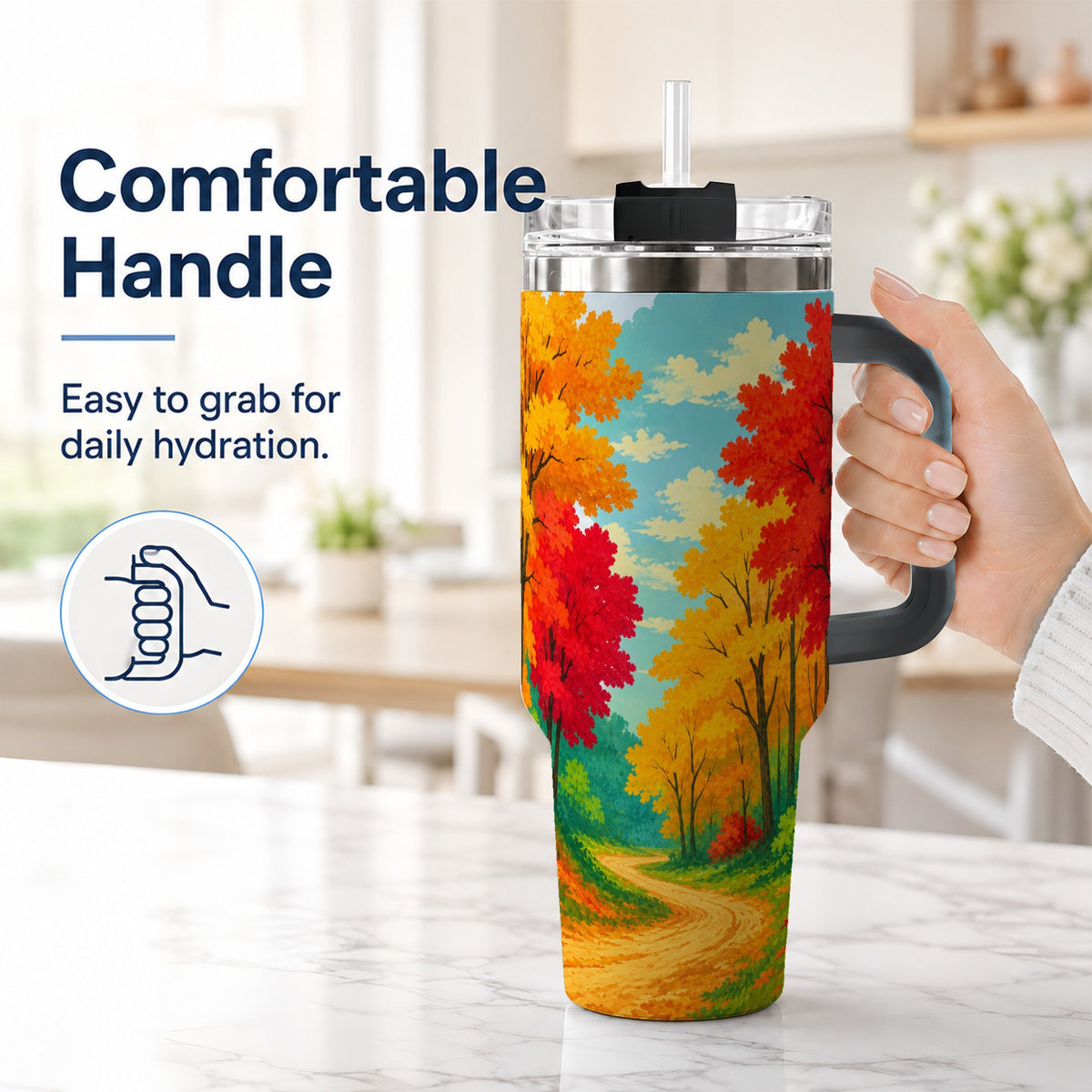 #pl[40oz|Black] Autumn Forest 40oz Tumbler, Fall Foliage Stainless Steel Travel Cup