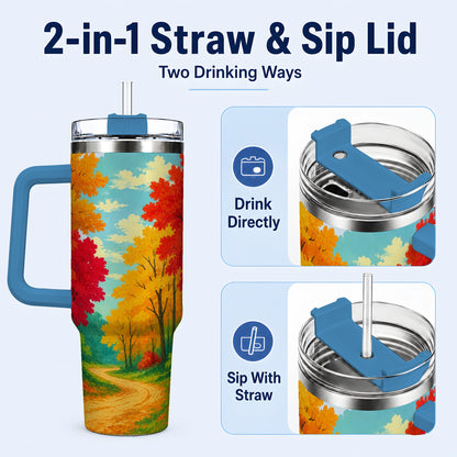 #pl[40oz|Blue] Autumn Forest 40oz Tumbler, Fall Foliage Stainless Steel Travel Cup