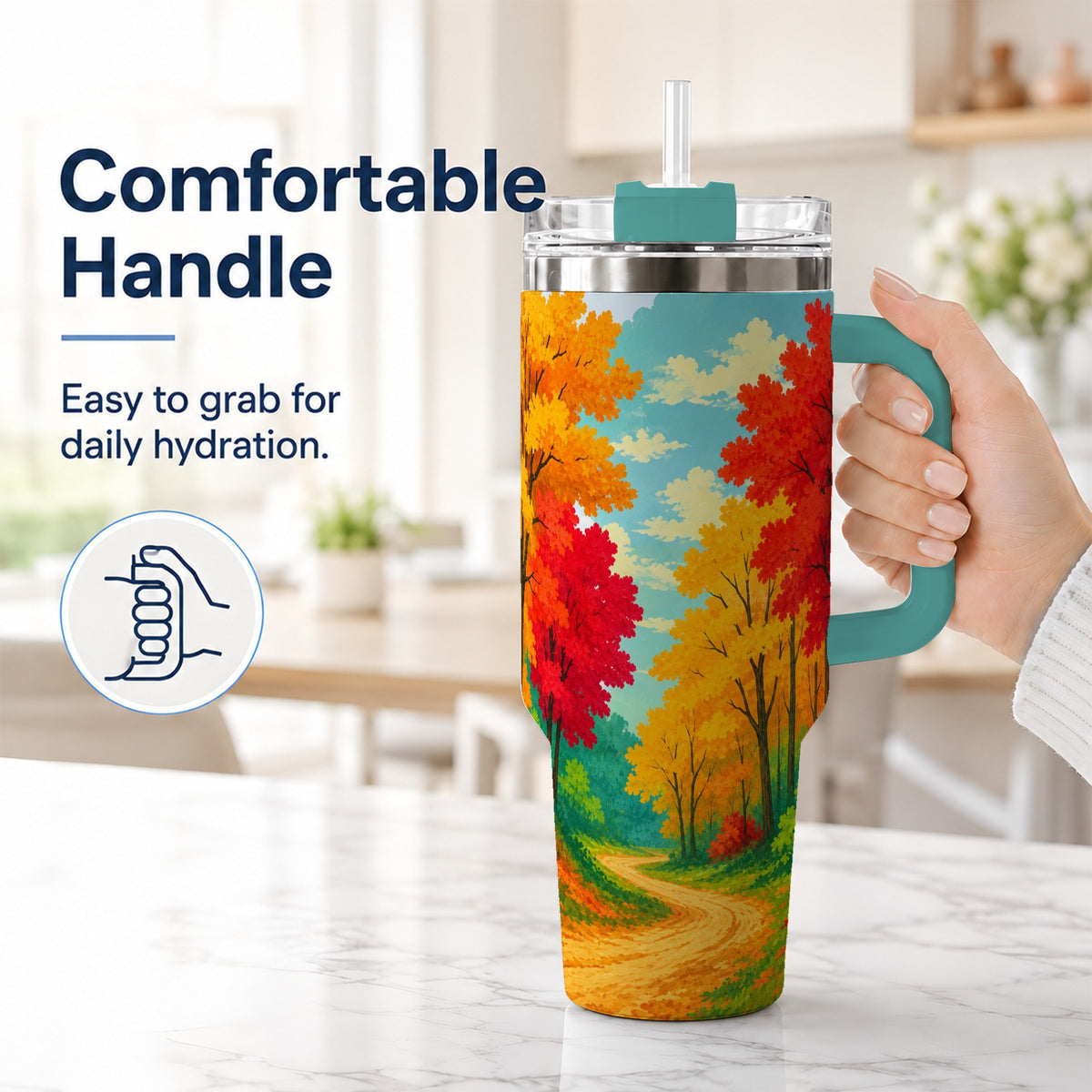 #pl[40oz|Green] Autumn Forest 40oz Tumbler, Fall Foliage Stainless Steel Travel Cup