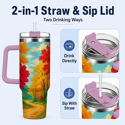 #pl[40oz|Pink] Autumn Forest 40oz Tumbler, Fall Foliage Stainless Steel Travel Cup