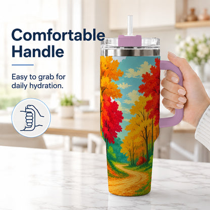 #pl[40oz|Pink] Autumn Forest 40oz Tumbler, Fall Foliage Stainless Steel Travel Cup