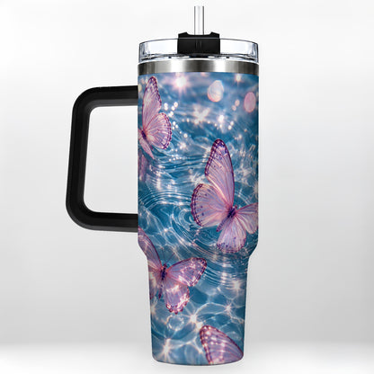 #pl[40oz|Black] Pink Butterfly Water 40oz Tumbler, Butterfly Stainless Steel Travel Cup