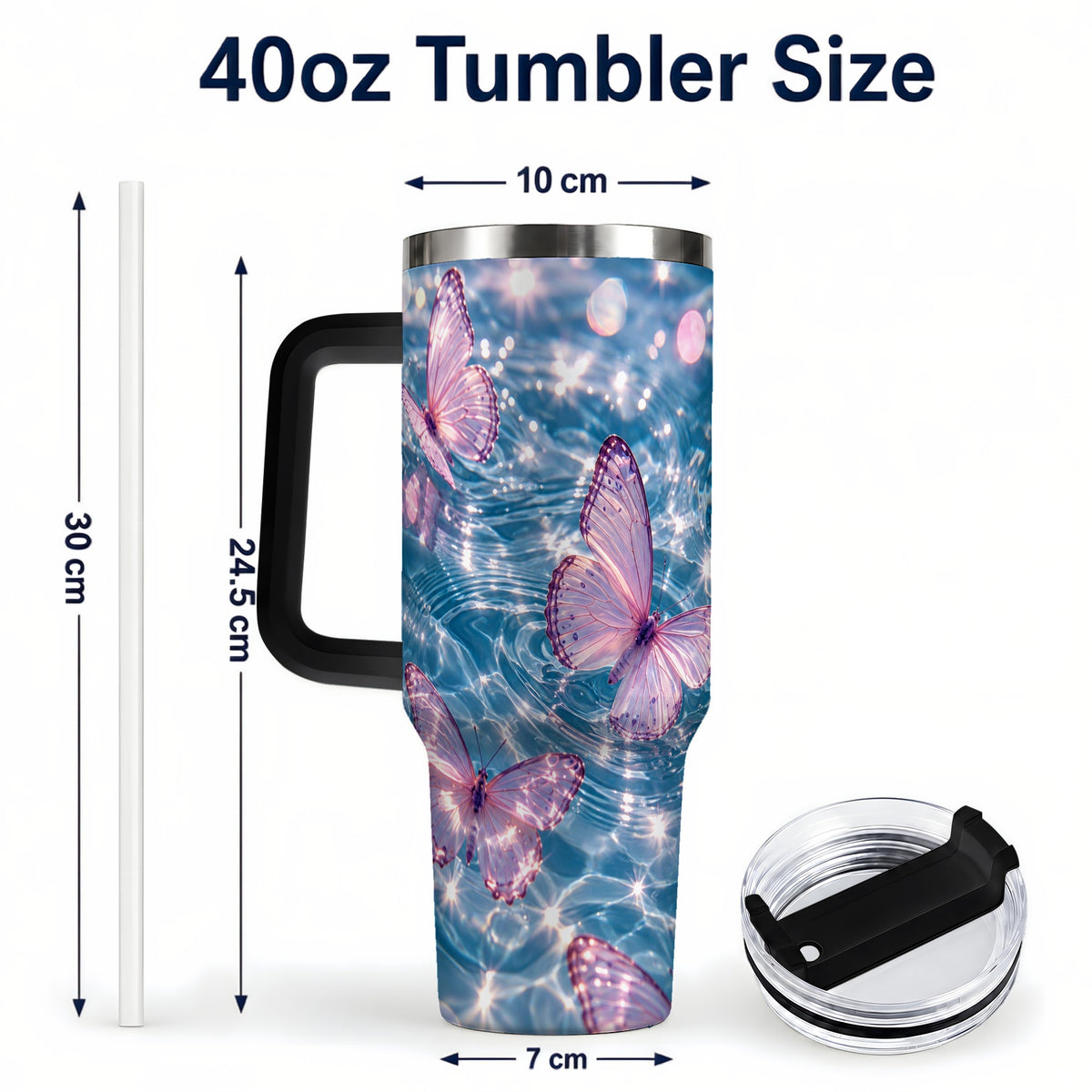 #pl[40oz|Black] Pink Butterfly Water 40oz Tumbler, Butterfly Stainless Steel Travel Cup
