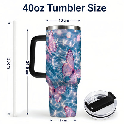 #pl[40oz|Black] Pink Butterfly Water 40oz Tumbler, Butterfly Stainless Steel Travel Cup