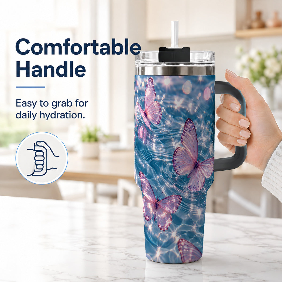 #pl[40oz|Black] Pink Butterfly Water 40oz Tumbler, Butterfly Stainless Steel Travel Cup