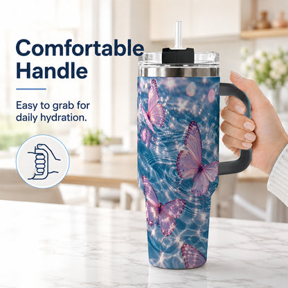 #pl[40oz|Black] Pink Butterfly Water 40oz Tumbler, Butterfly Stainless Steel Travel Cup