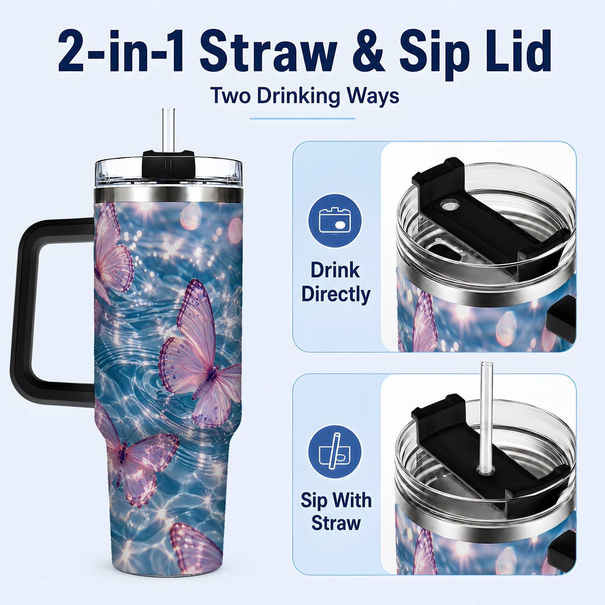#pl[40oz|Black] Pink Butterfly Water 40oz Tumbler, Butterfly Stainless Steel Travel Cup