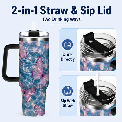#pl[40oz|Black] Pink Butterfly Water 40oz Tumbler, Butterfly Stainless Steel Travel Cup