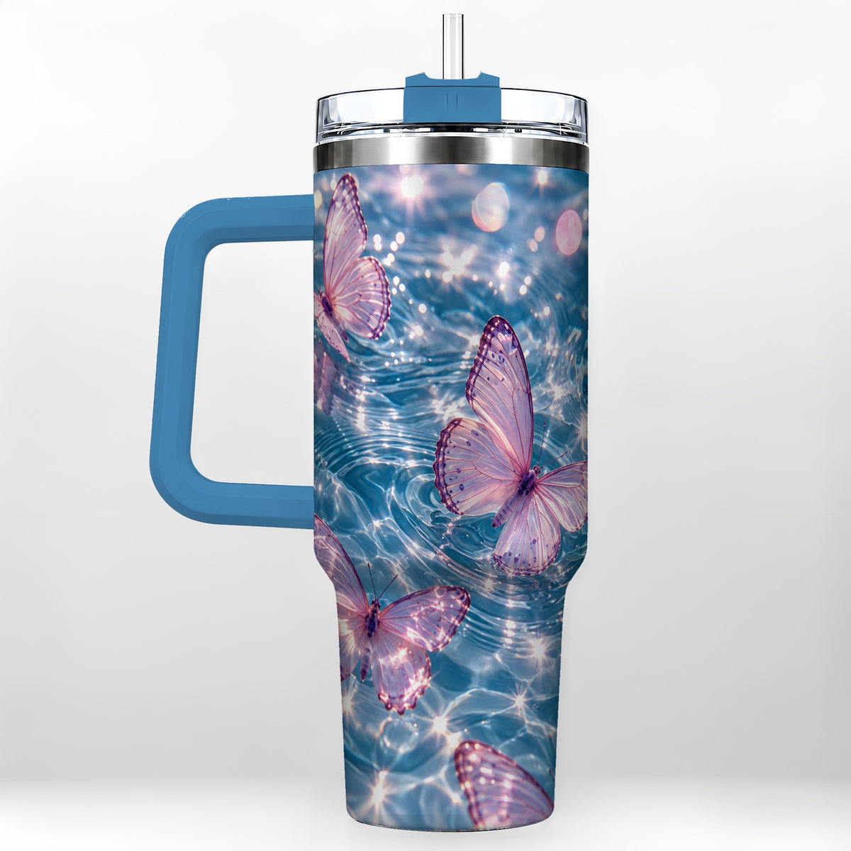 #pl[40oz|Blue] Pink Butterfly Water 40oz Tumbler, Butterfly Stainless Steel Travel Cup