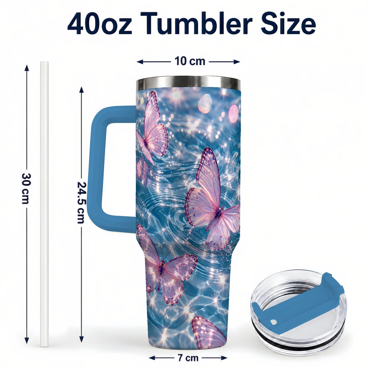 #pl[40oz|Blue] Pink Butterfly Water 40oz Tumbler, Butterfly Stainless Steel Travel Cup