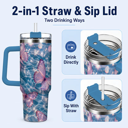 #pl[40oz|Blue] Pink Butterfly Water 40oz Tumbler, Butterfly Stainless Steel Travel Cup
