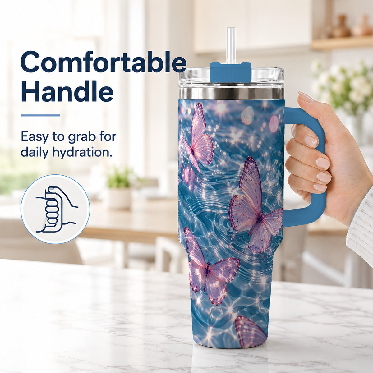 #pl[40oz|Blue] Pink Butterfly Water 40oz Tumbler, Butterfly Stainless Steel Travel Cup