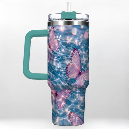 #pl[40oz|Green] Pink Butterfly Water 40oz Tumbler, Butterfly Stainless Steel Travel Cup