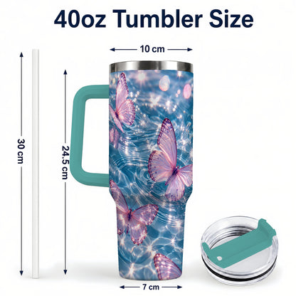 #pl[40oz|Green] Pink Butterfly Water 40oz Tumbler, Butterfly Stainless Steel Travel Cup