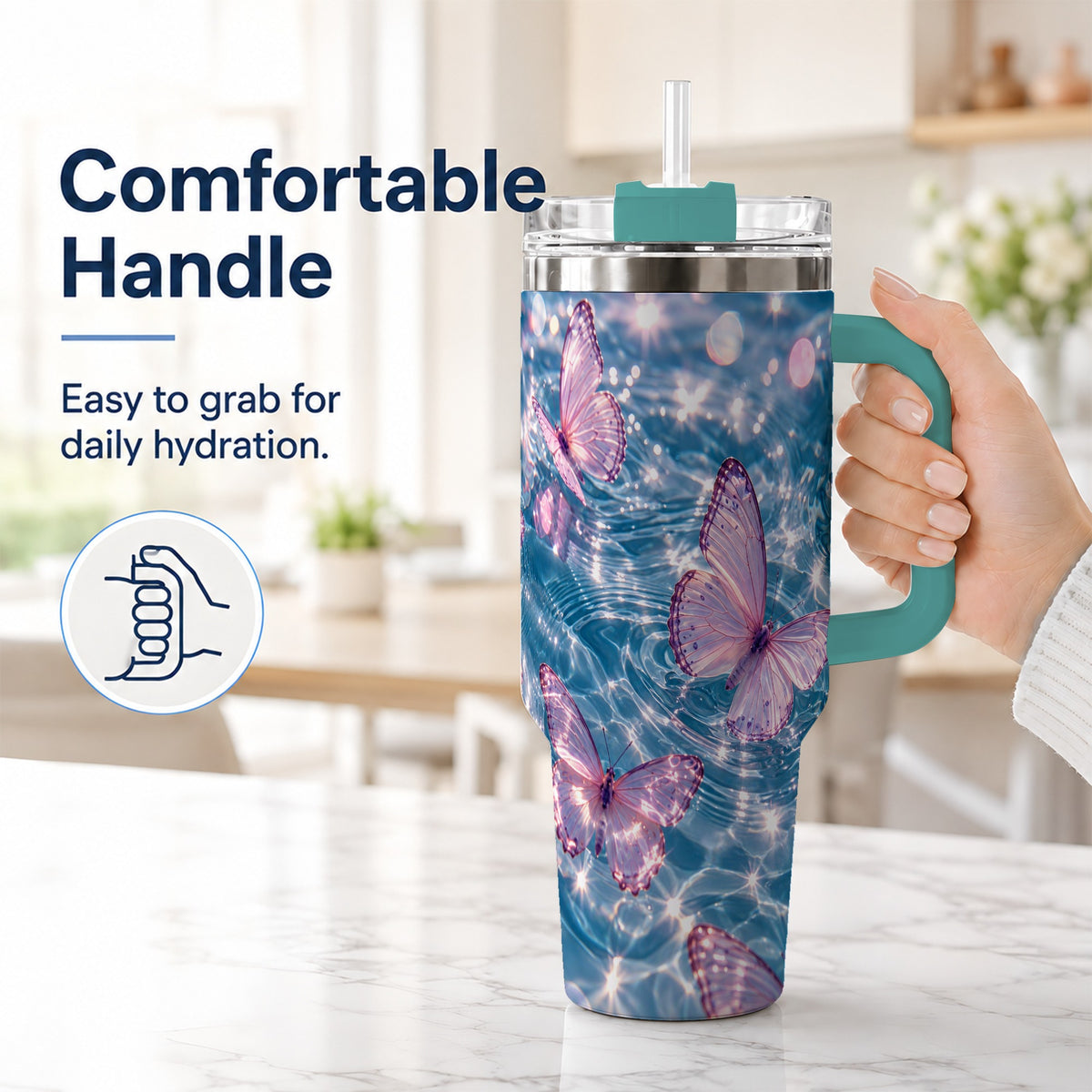 #pl[40oz|Green] Pink Butterfly Water 40oz Tumbler, Butterfly Stainless Steel Travel Cup