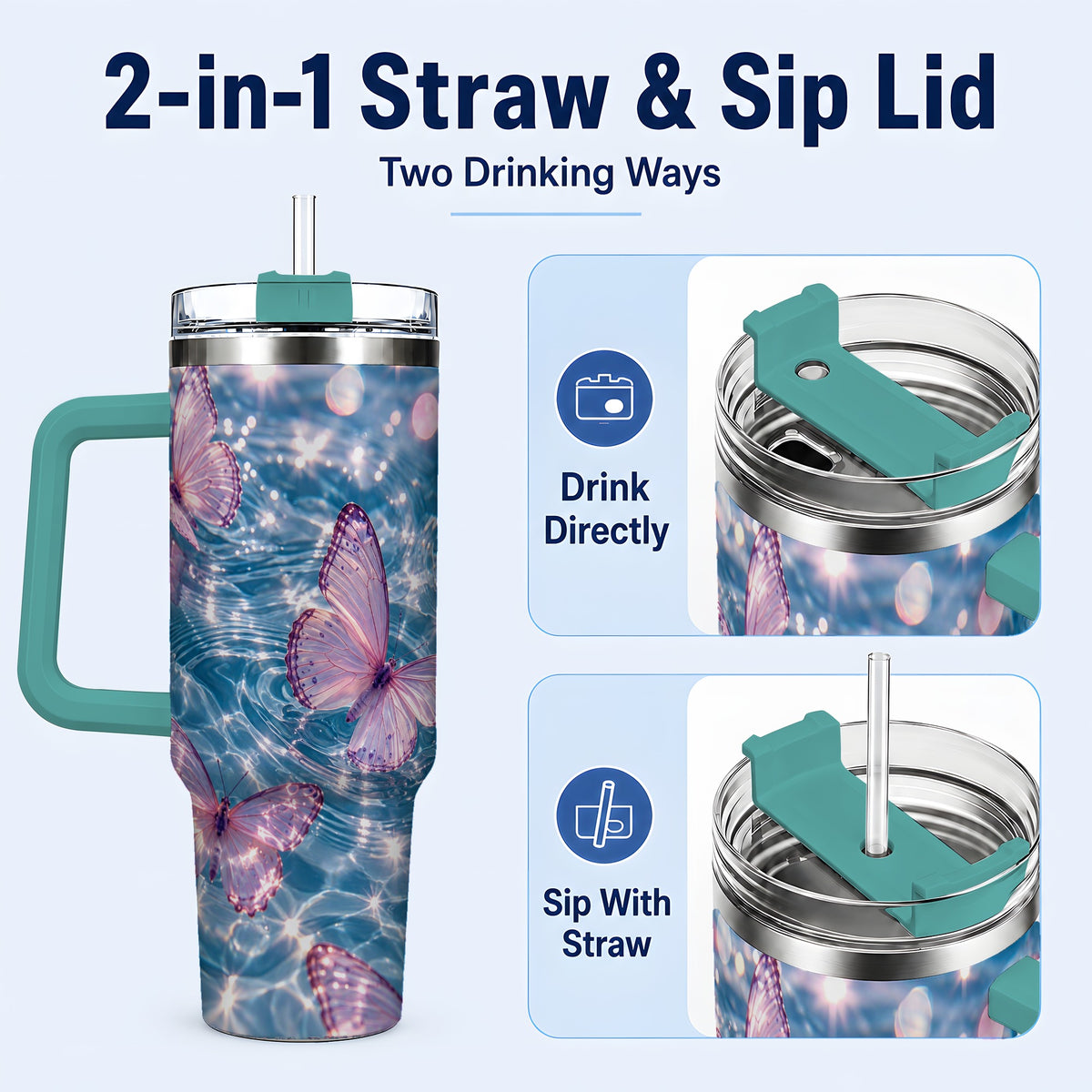 #pl[40oz|Green] Pink Butterfly Water 40oz Tumbler, Butterfly Stainless Steel Travel Cup