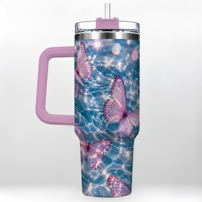 #pl[40oz|Pink] Pink Butterfly Water 40oz Tumbler, Butterfly Stainless Steel Travel Cup