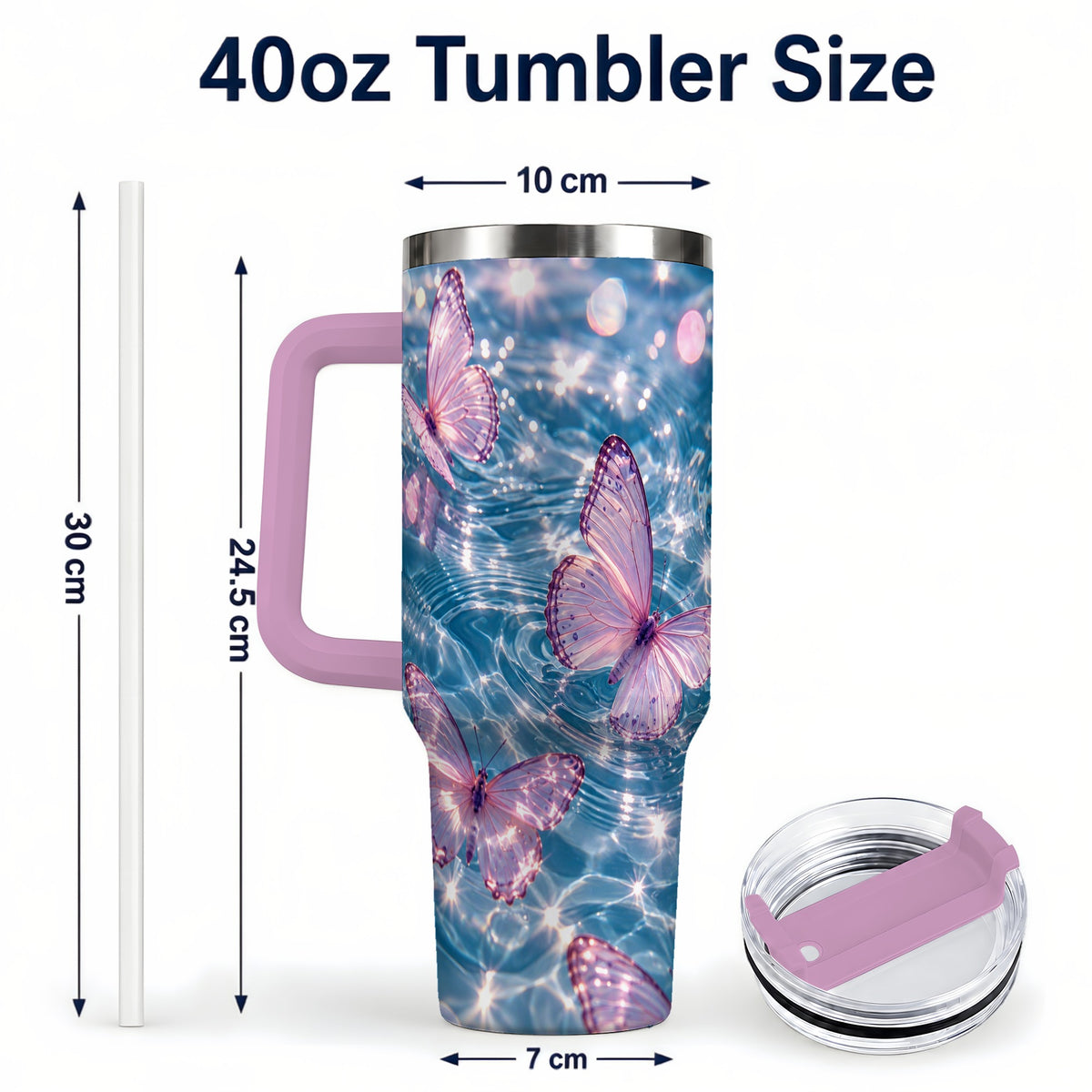 #pl[40oz|Pink] Pink Butterfly Water 40oz Tumbler, Butterfly Stainless Steel Travel Cup