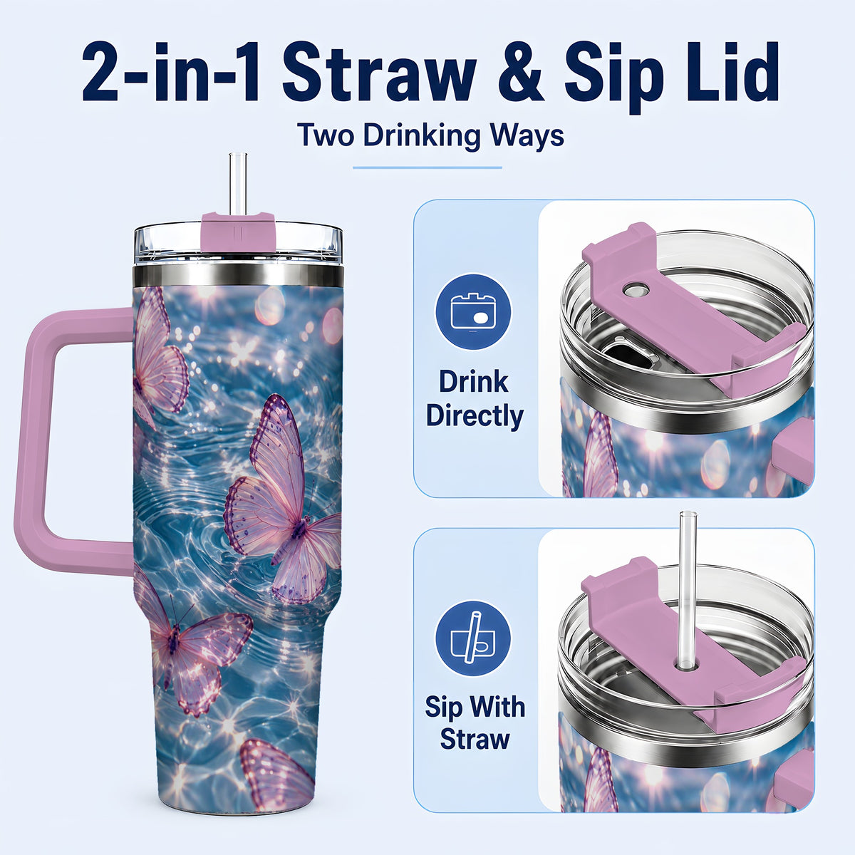 #pl[40oz|Pink] Pink Butterfly Water 40oz Tumbler, Butterfly Stainless Steel Travel Cup