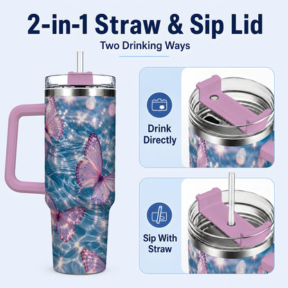 #pl[40oz|Pink] Pink Butterfly Water 40oz Tumbler, Butterfly Stainless Steel Travel Cup