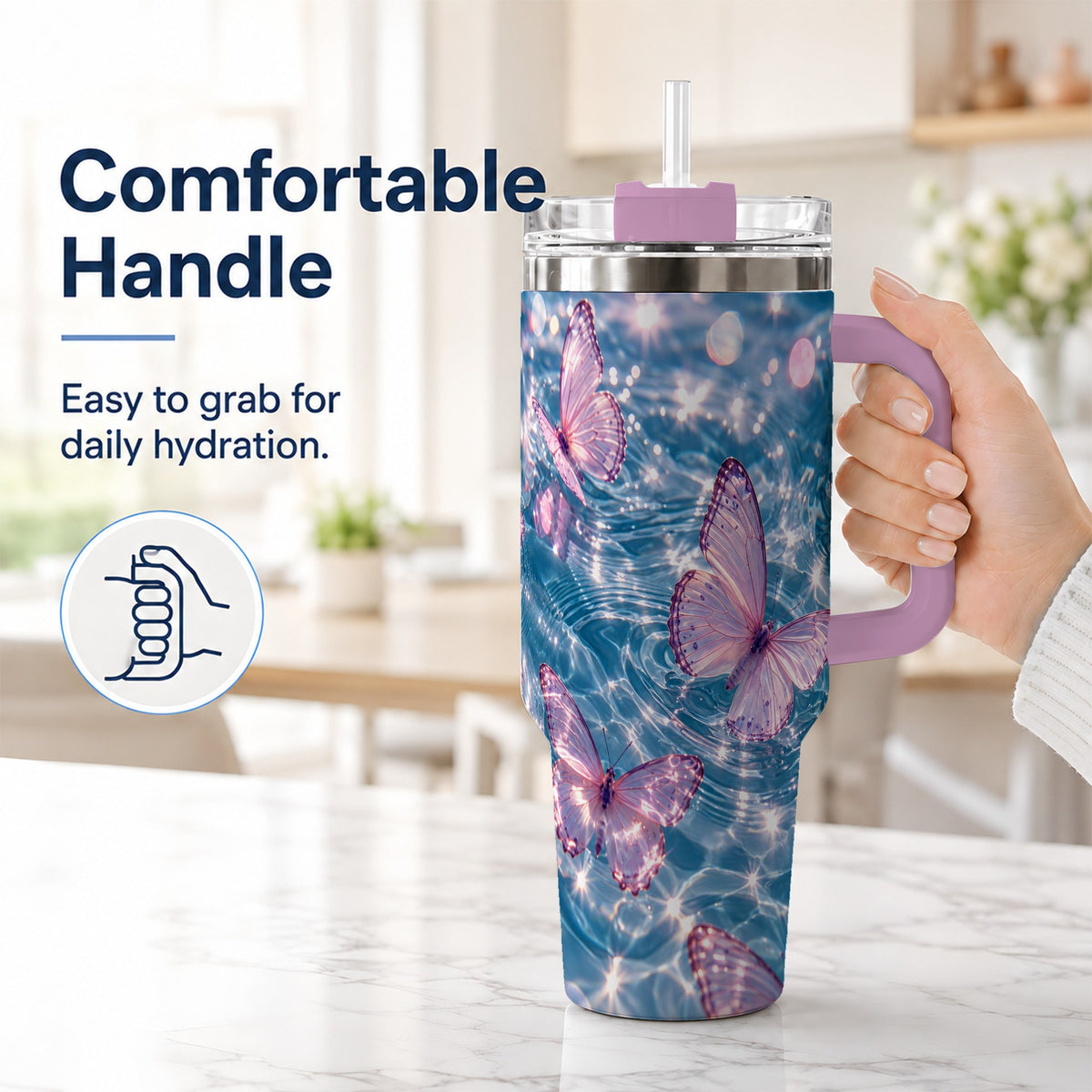 #pl[40oz|Pink] Pink Butterfly Water 40oz Tumbler, Butterfly Stainless Steel Travel Cup