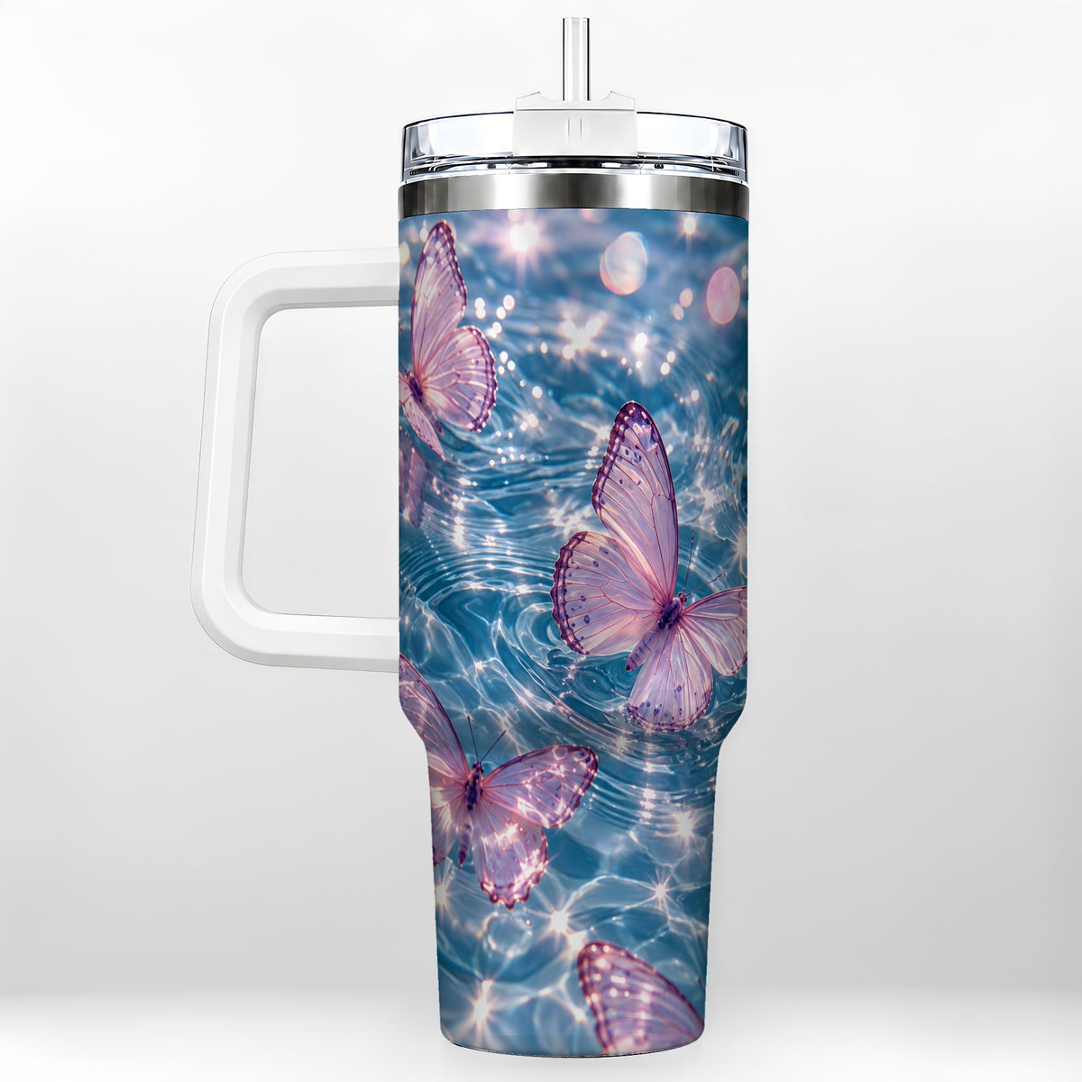 Pink Butterfly Water 40oz Tumbler, Butterfly Stainless Steel Travel Cup