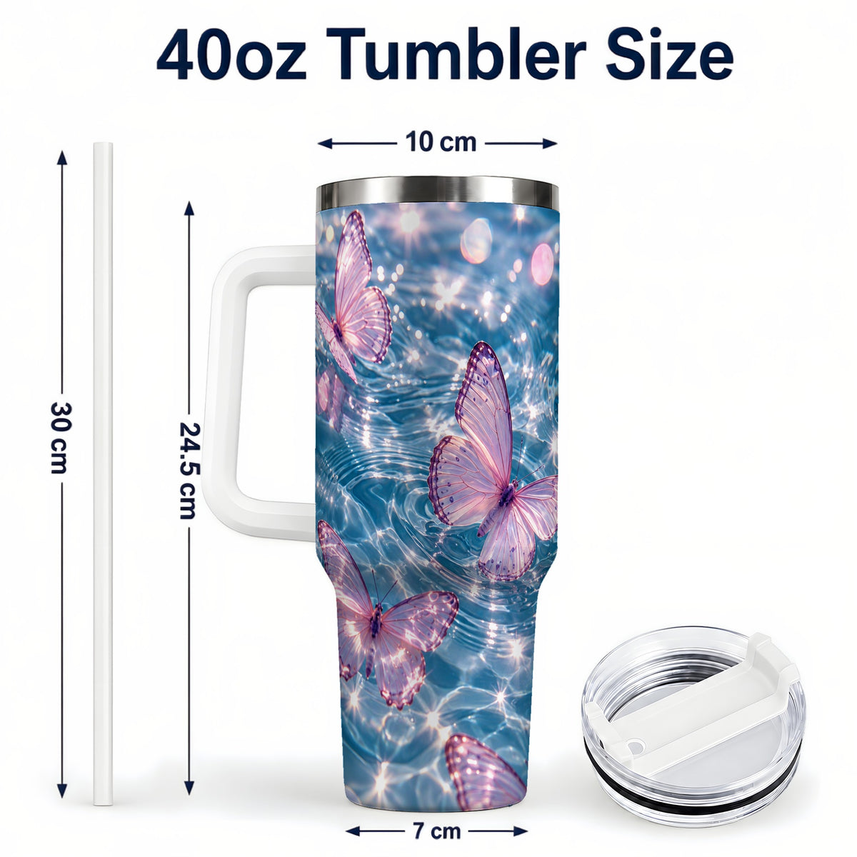 #pl[40oz|White] Pink Butterfly Water 40oz Tumbler, Butterfly Stainless Steel Travel Cup