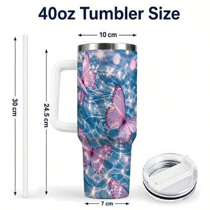 #pl[40oz|White] Pink Butterfly Water 40oz Tumbler, Butterfly Stainless Steel Travel Cup