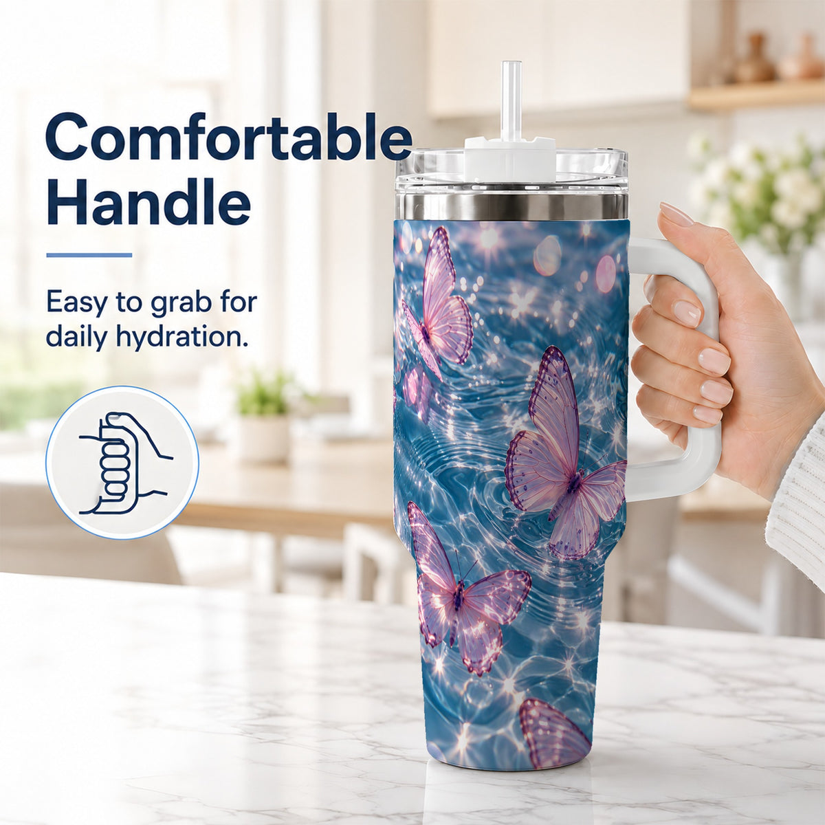 #pl[40oz|White] Pink Butterfly Water 40oz Tumbler, Butterfly Stainless Steel Travel Cup