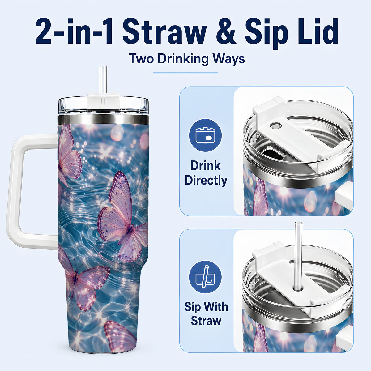 #pl[40oz|White] Pink Butterfly Water 40oz Tumbler, Butterfly Stainless Steel Travel Cup